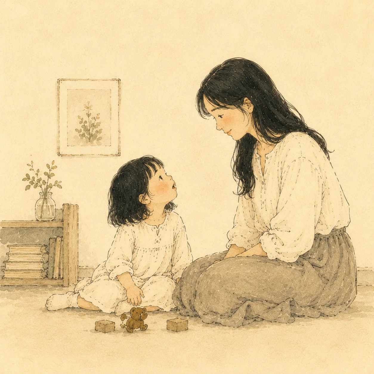 水彩插画:Yoyo 仰着头,小手指向上,正在问一个问题